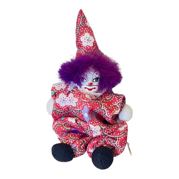 Set (3) CLOWN FIGURINES 8.5" Wooden Swing Ceramic & Wood Heads Cloth Body Yarn + - Picture 4 of 7